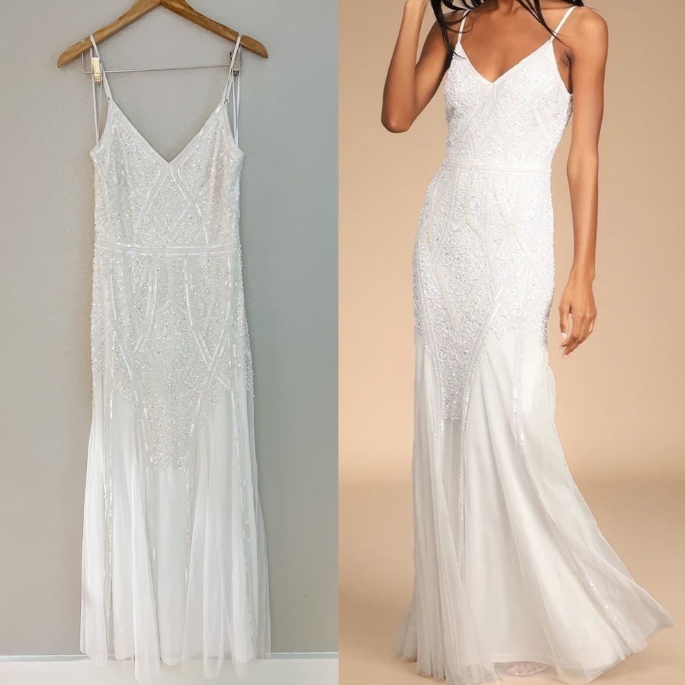 Lulus Luxe Just the Beginning White Beaded Sequin Mermaid Maxi Dress